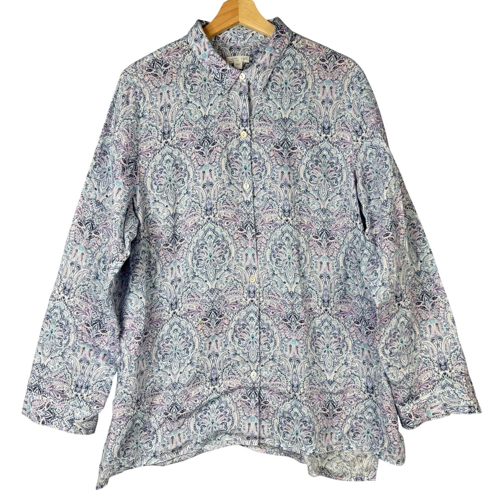 J. Jill Love Linen Essential Shirt Large Blue Purple Paisley Button Up Long Slv